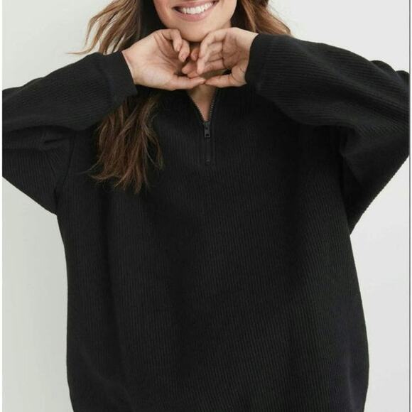 Aerie Black Ribbed Quarter Zip Sweatshirt Oversized Relaxed Fit Cozy Fall Size S - Picture 2 of 12